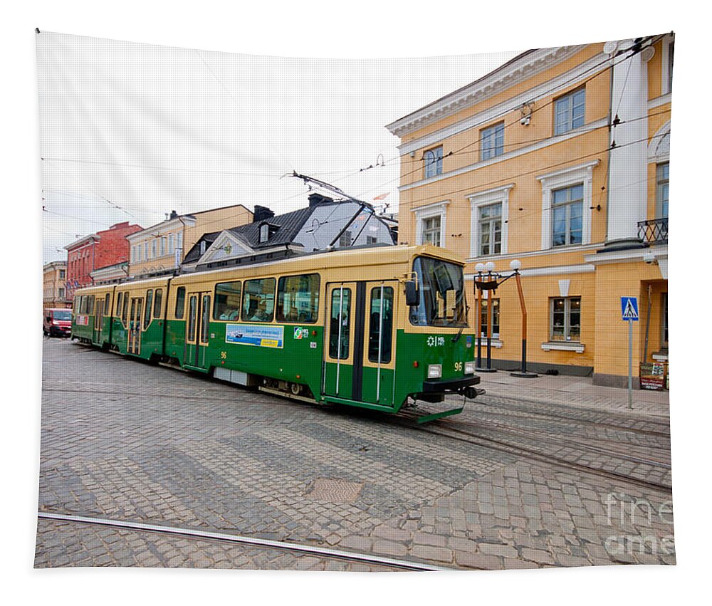 Street Car Tapestry featuring the photograph Tram on Helsinki Street by Thomas Marchessault