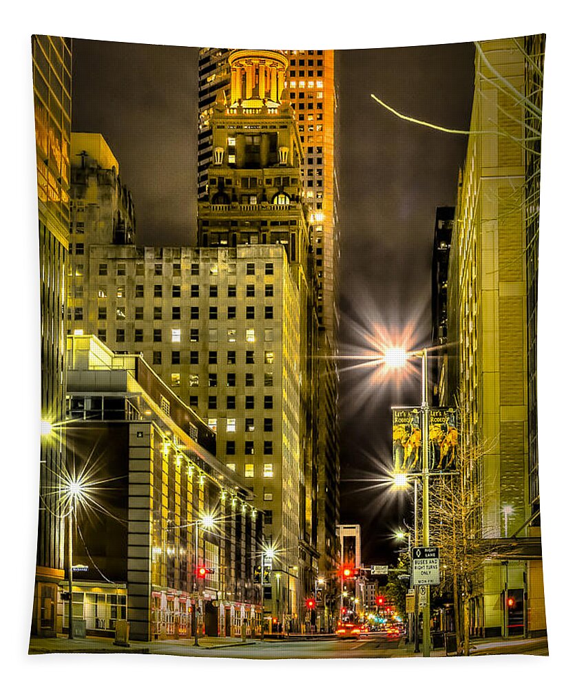 Travis And Lamar Street At Night Tapestry featuring the photograph Travis and Lamar Street at Night by David Morefield