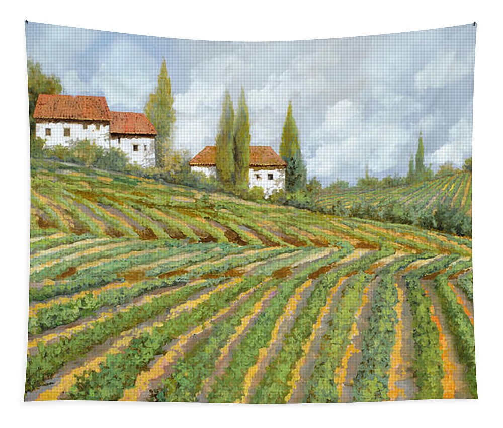 Vineyard Tapestry featuring the painting Tre Case Bianche Nella Vigna by Guido Borelli