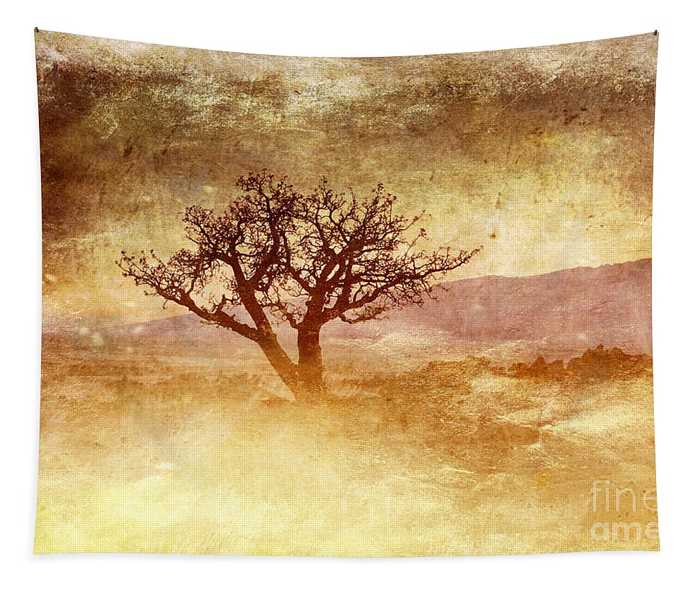 Yellow Tapestry featuring the photograph Tree at Dusk in Waikoloa 2 by Ellen Cotton