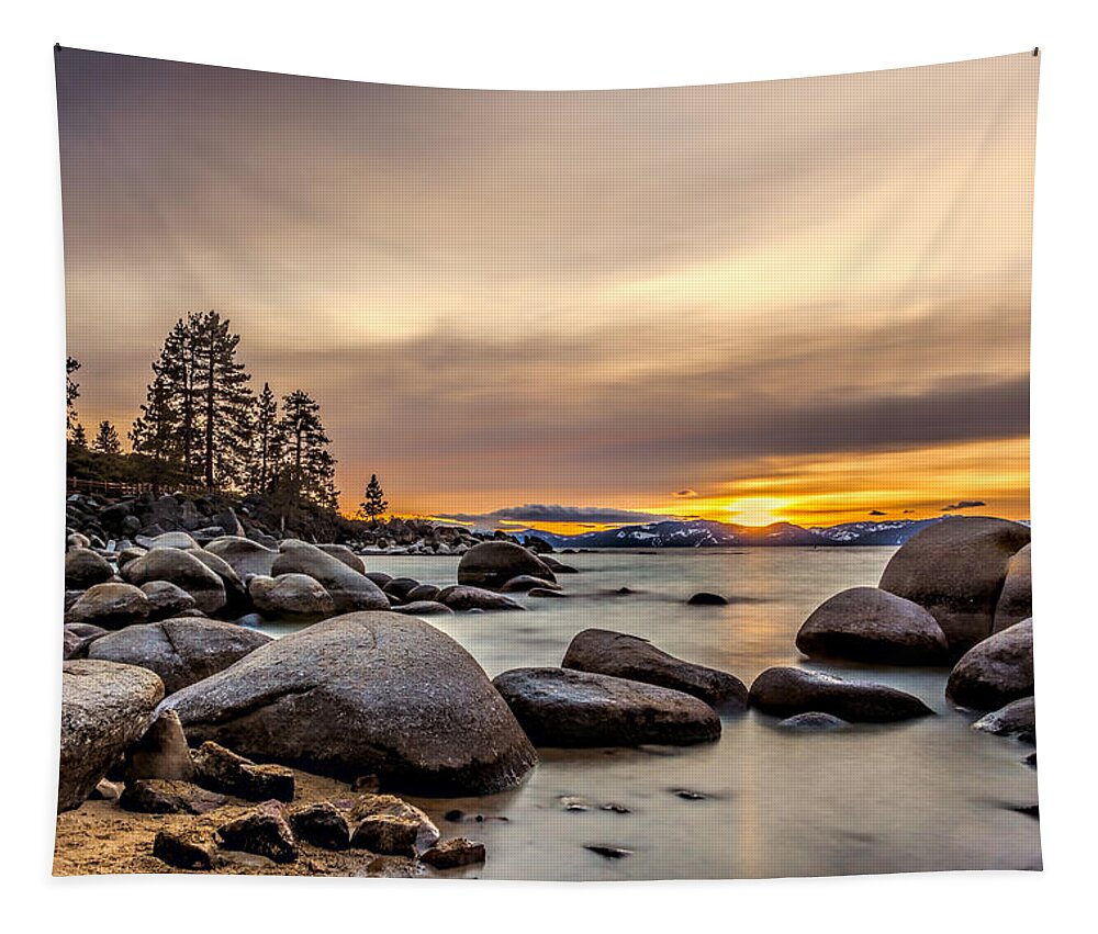 Landscape Tapestry featuring the photograph Trees Water and Rocks by Maria Coulson