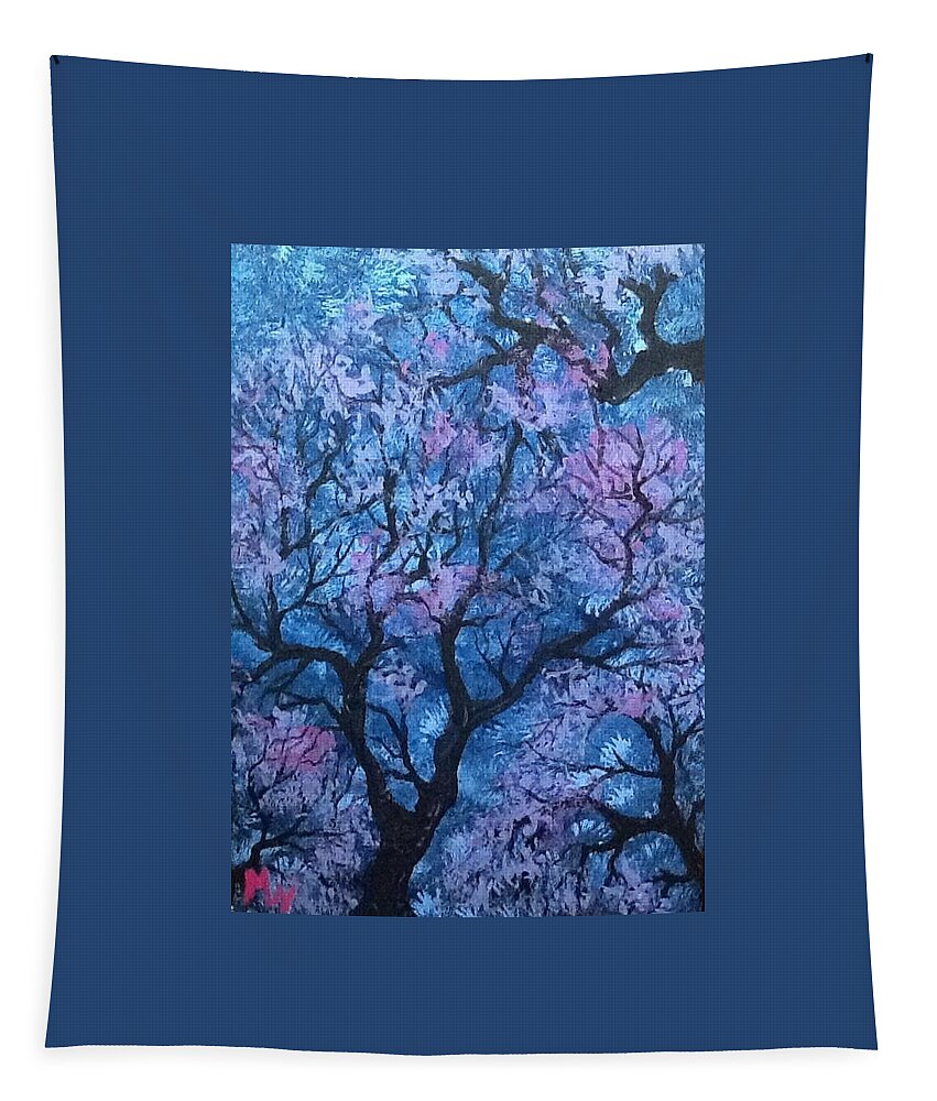 Trees Tapestry featuring the painting Treetop blues by Megan Walsh