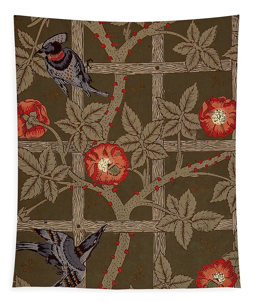 William Tapestry featuring the mixed media Trellis with Birds by Philip Ralley