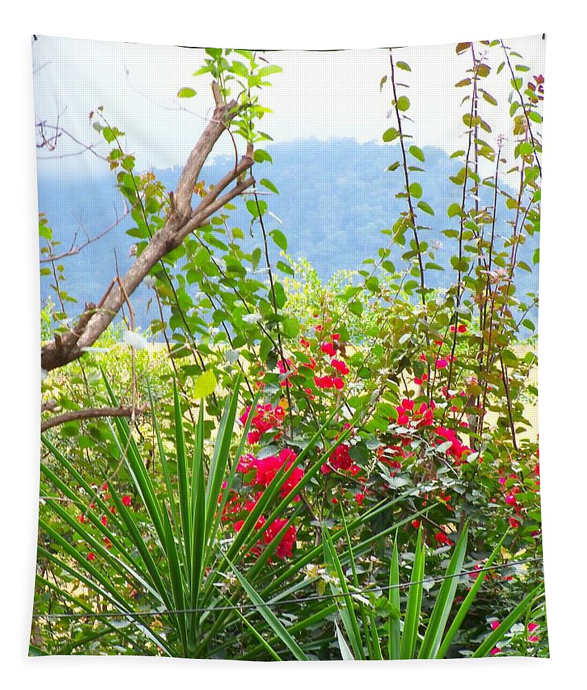 Tropical Colors Tapestry featuring the photograph Tropical Bougainvilleas Against Cool Mountain Mists by Pamela Smale Williams
