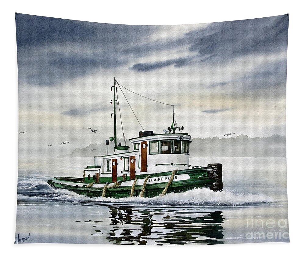 Tugboat Art Tapestry featuring the painting Tugboat ELAINE FOSS by James Williamson