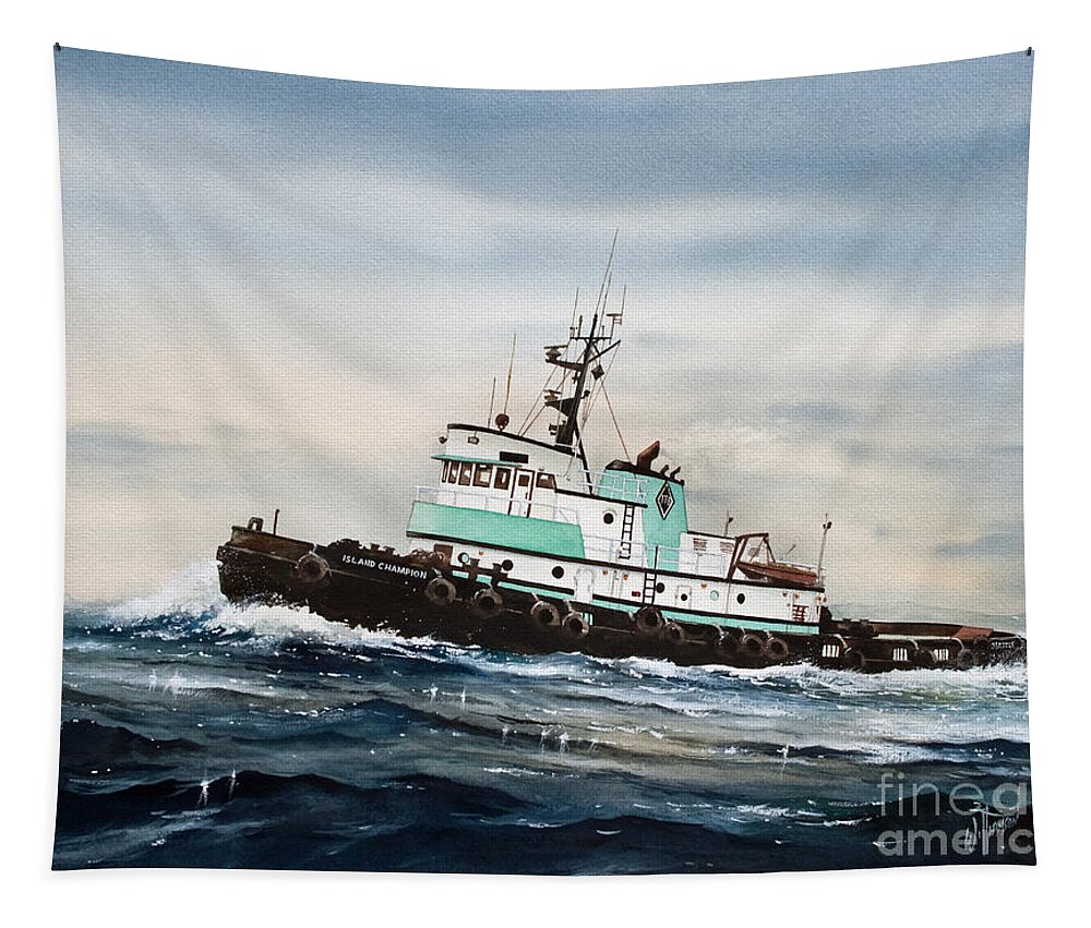 Tugs Tapestry featuring the painting Tugboat ISLAND CHAMPION by James Williamson