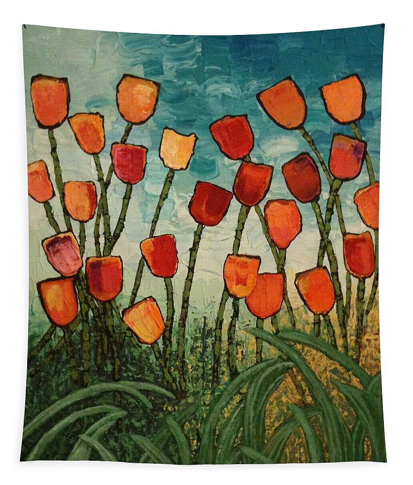 Red Tapestry featuring the painting Tulips by Linda Bailey