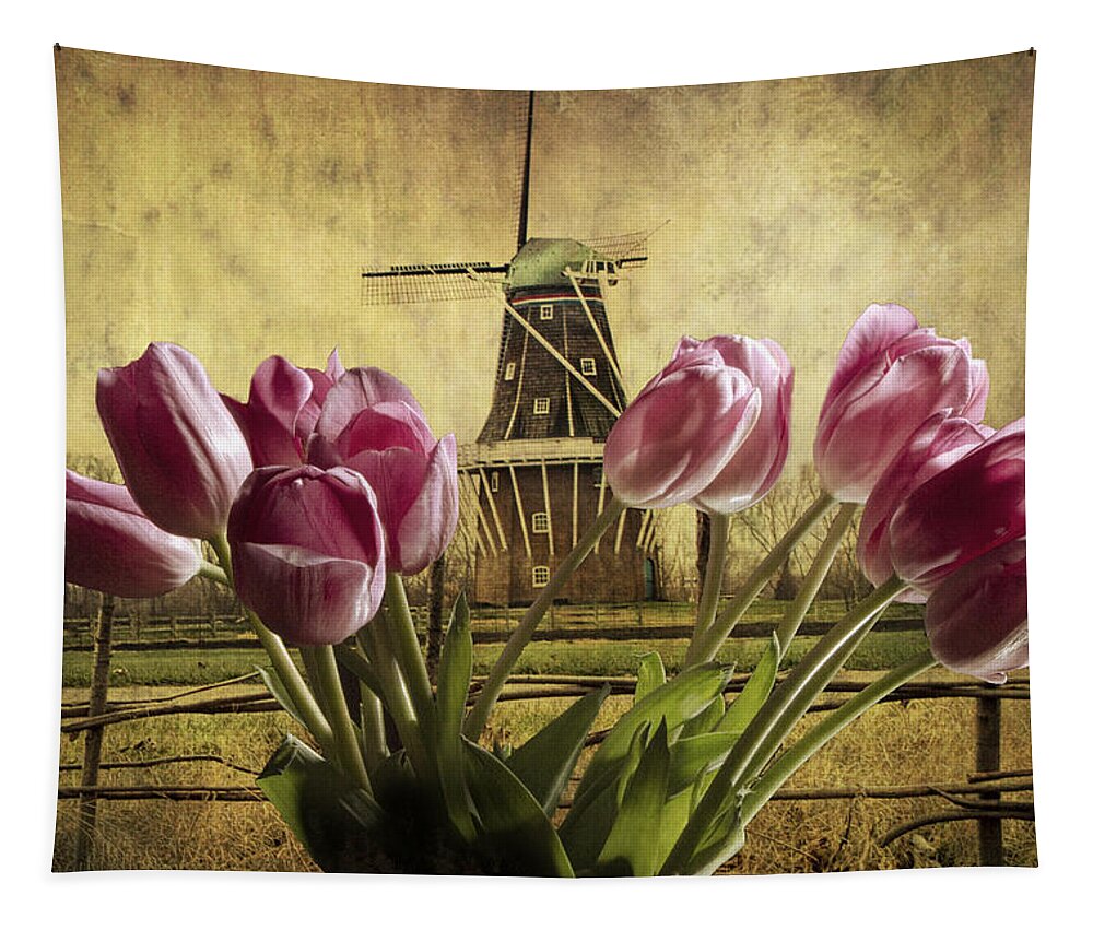 Art Tapestry featuring the photograph Tulips with the DeZwaan Windmill in Holland Michigan No. 105 by Randall Nyhof