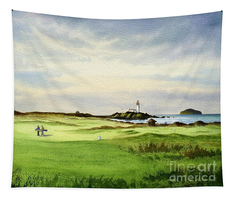Golf Tapestry featuring the painting Turnberry Golf Course Scotland 12Th Tee by Bill Holkham