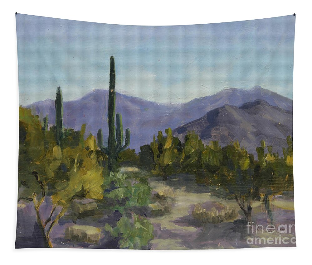 Saguaro Tapestry featuring the painting The Serene Desert by Maria Hunt