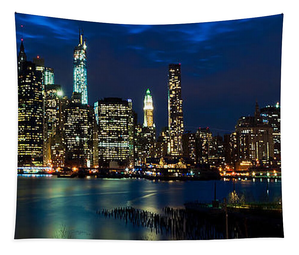 Amazing Brooklyn Bridge Photos Tapestry featuring the photograph Twilight NYC Panorama by Mitchell R Grosky