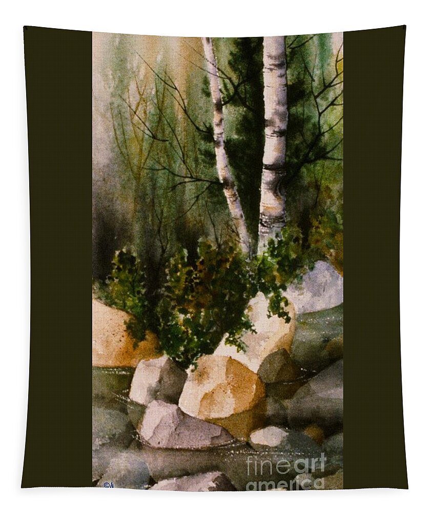 Two Birch By Rocky Stream Tapestry featuring the painting Two Birch by Rocky Stream by Teresa Ascone
