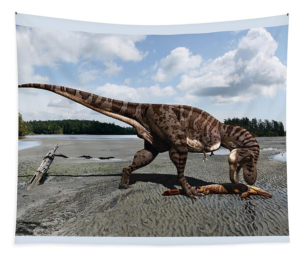 Dinosaur Tapestry featuring the digital art Tyrannosaurus enjoying seafood - wide format by Julius Csotonyi