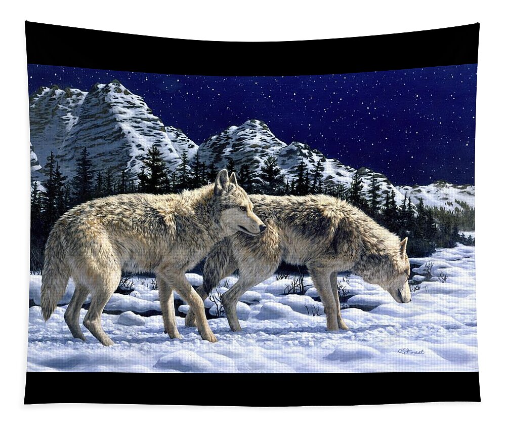 Wolf Tapestry featuring the painting Wolves - Unfamiliar Territory by Crista Forest