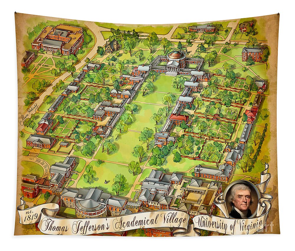 University Of Virginia Tapestry featuring the painting University of Virginia Academical Village with scroll by Maria Rabinky