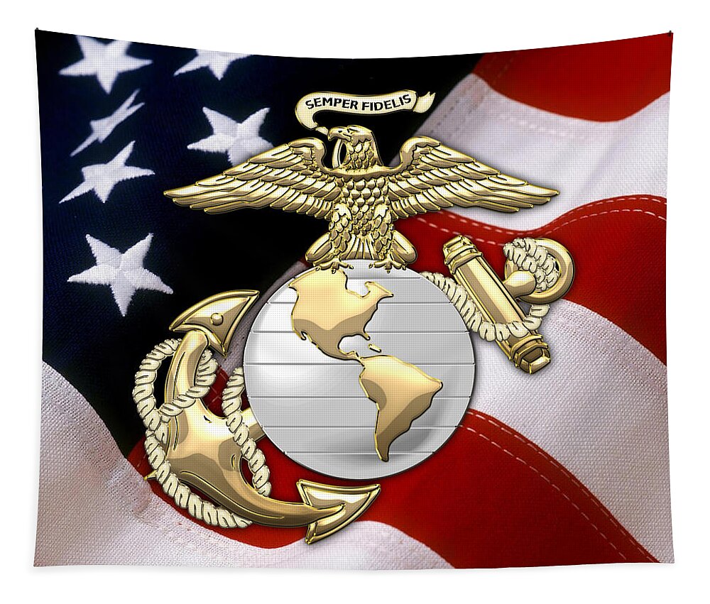 'military Insignia & Heraldry 3d' Collection By Serge Averbukh Tapestry featuring the digital art U. S. Marine Corps - U S M C Eagle Globe and Anchor over American Flag. by Serge Averbukh