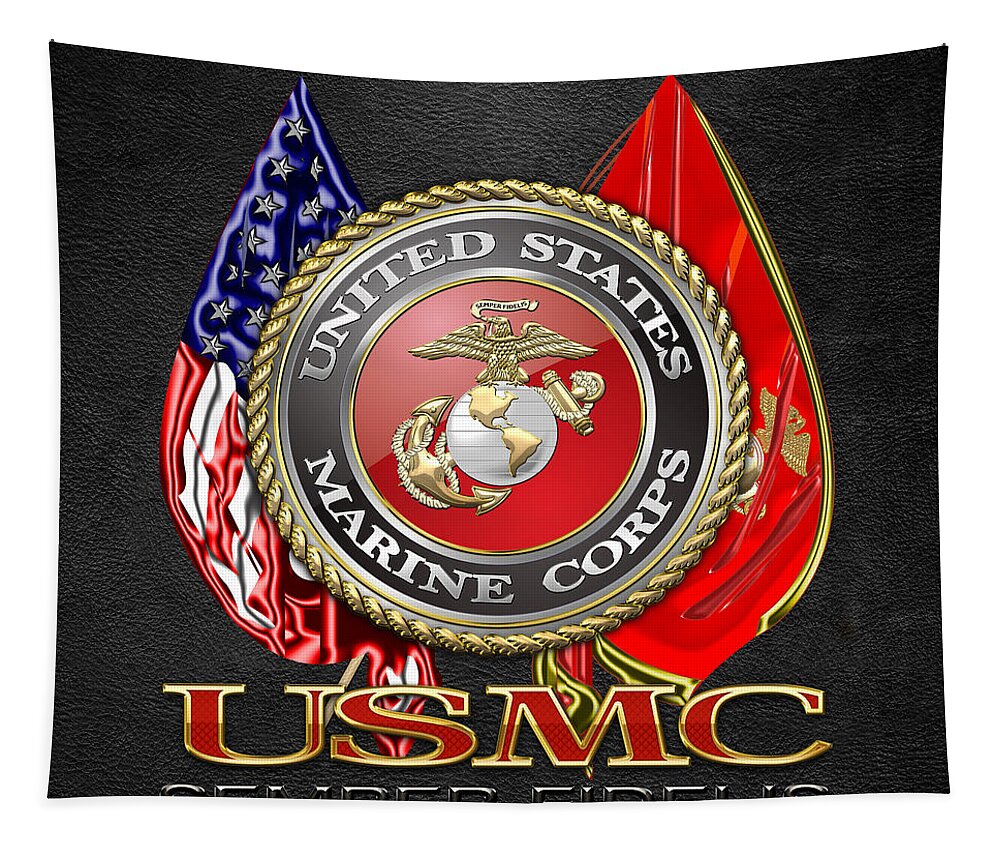 'military Insignia & Heraldry 3d' Collection By Serge Averbukh Tapestry featuring the digital art U. S. Marine Corps U S M C Emblem on Black by Serge Averbukh