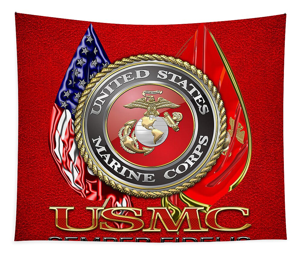 'military Insignia & Heraldry 3d' Collection By Serge Averbukh Tapestry featuring the digital art U. S. Marine Corps U S M C Emblem on Red by Serge Averbukh