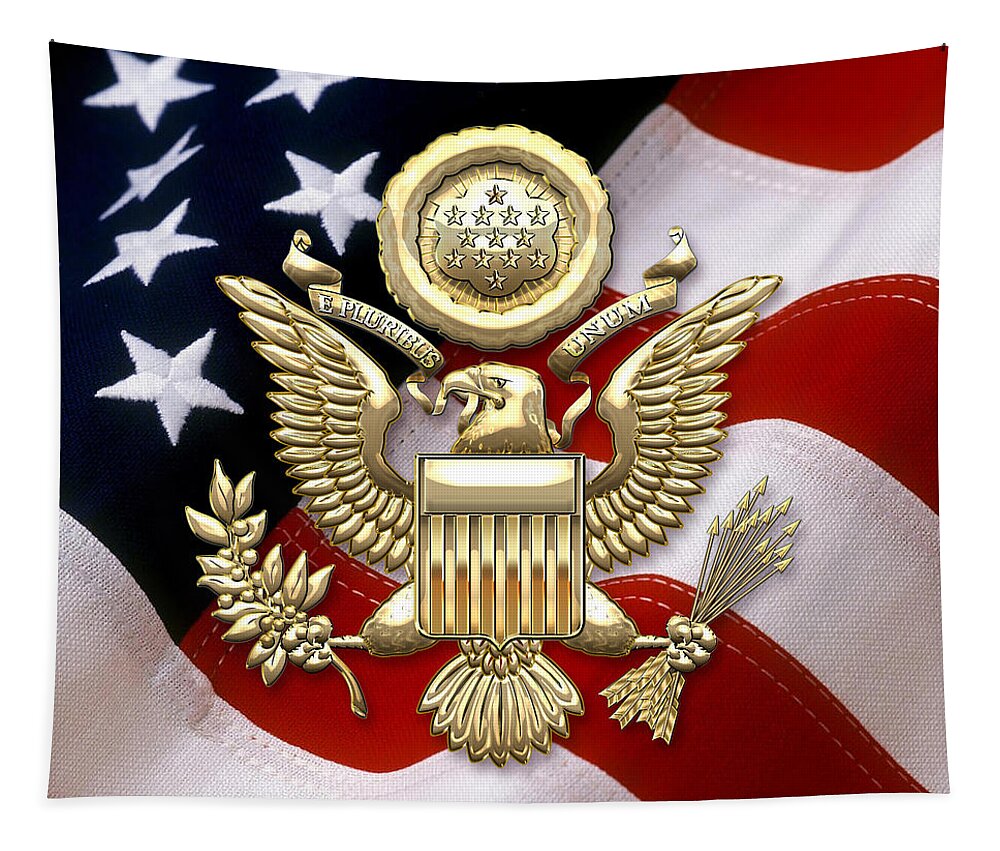 C7 World Heraldry 3d Tapestry featuring the digital art U. S. A. Great Seal in Gold over American Flag by Serge Averbukh