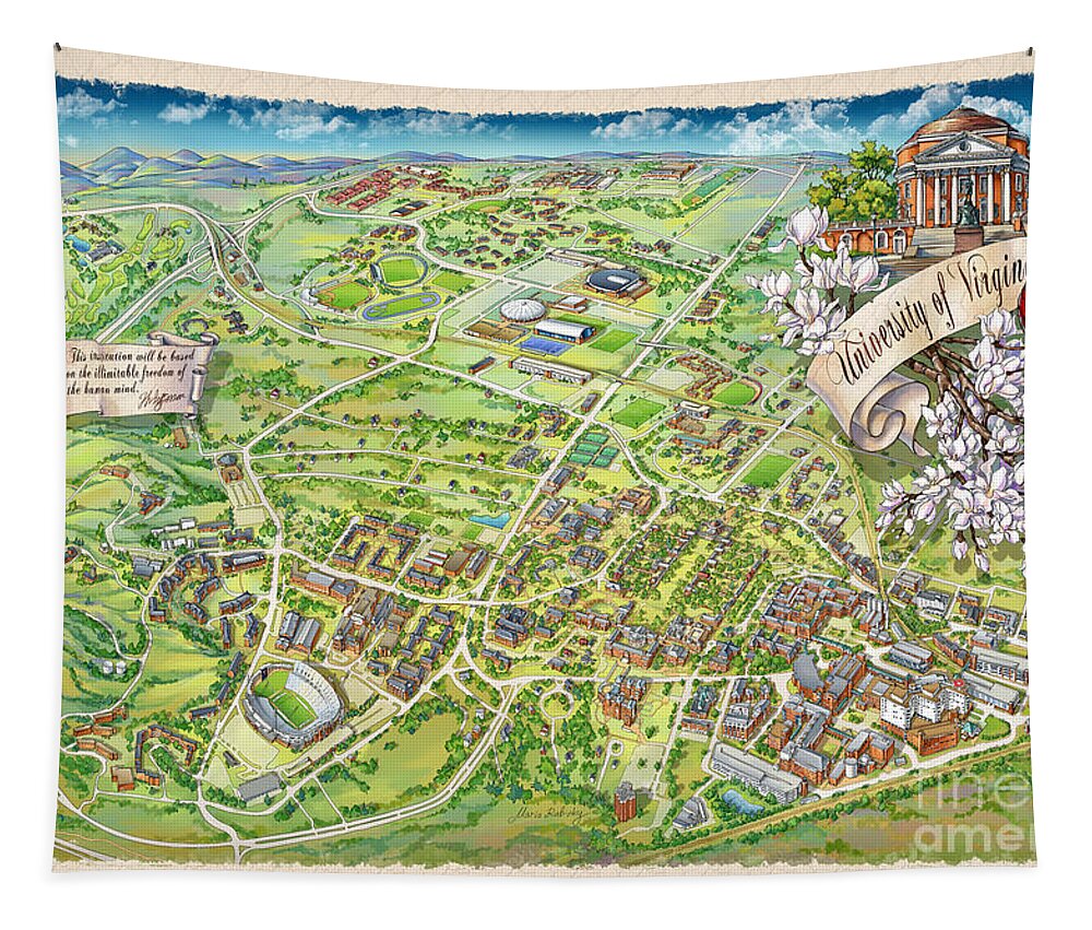 Uva Campus Illustrated Map Tapestry featuring the painting UVA Grounds Illustration 2014 by Maria Rabinky