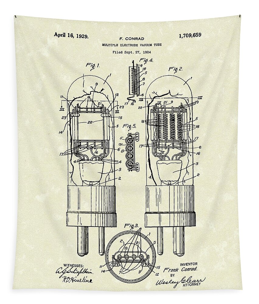 Conrad Tapestry featuring the drawing Vacuum Tube 1929 Patent Art by Prior Art Design