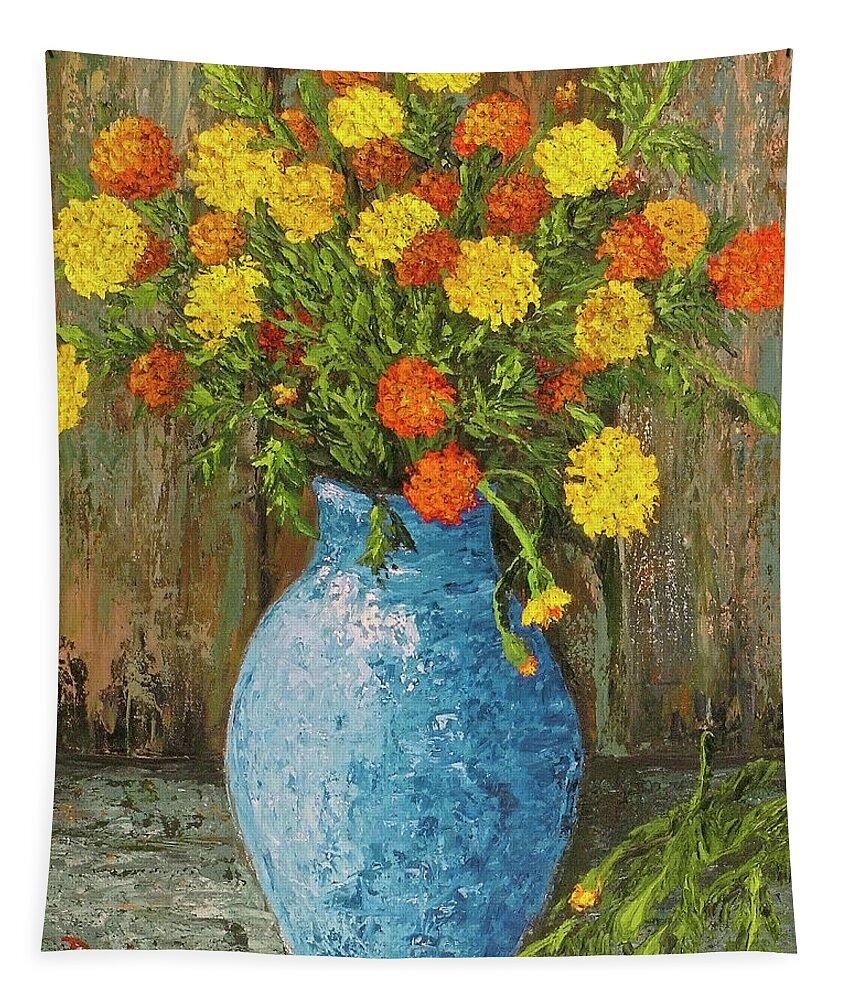 Impressionistic Tapestry featuring the painting Vase of Marigolds by Darice Machel McGuire