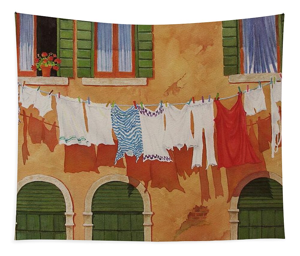 Venice Tapestry featuring the painting Venetian Washday by Mary Ellen Mueller Legault