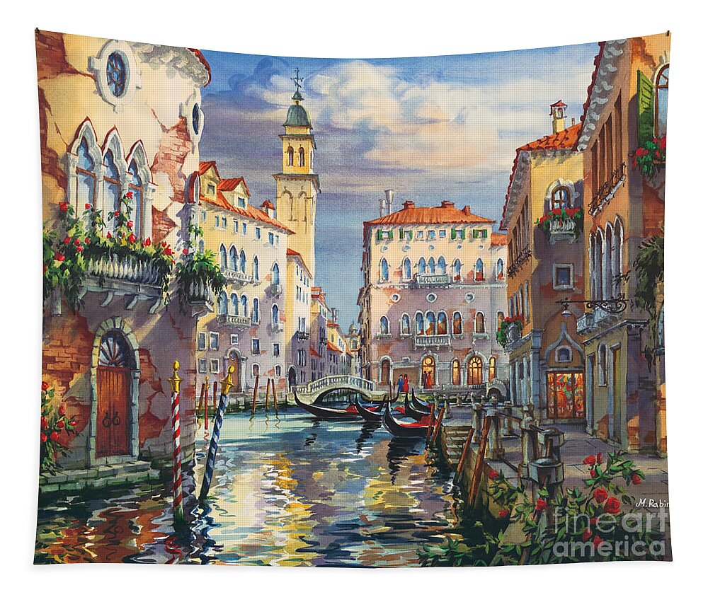 Venetian Canal Tapestry featuring the painting Venice before sunset by Maria Rabinky