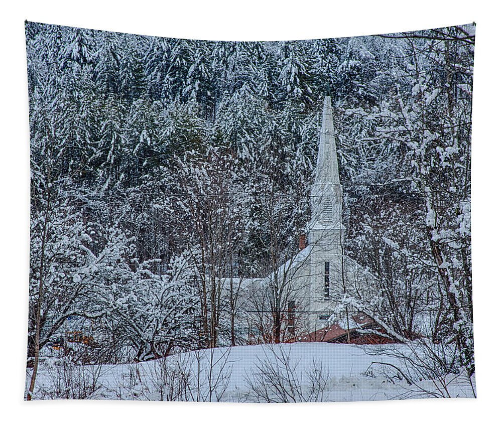 Church Steeple Tapestry featuring the photograph Vermont church in snow by Jeff Folger