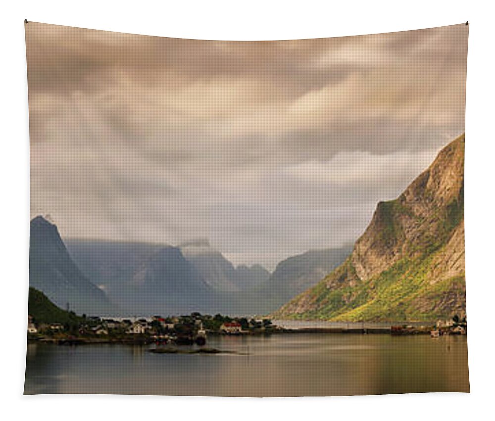 Photography Tapestry featuring the photograph Village And Fjord Among Mountains by Panoramic Images