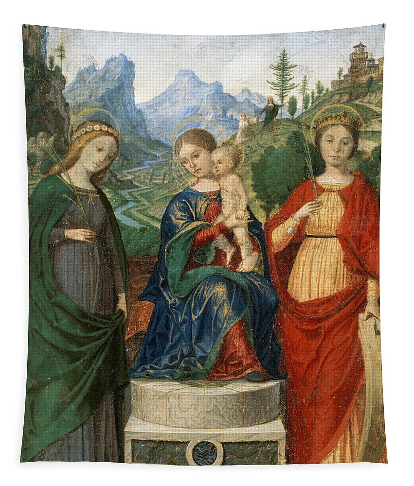 Francesco Morone Tapestry featuring the painting Virgin and Child Enthroned between Saints Cecilia and Catherine of Alexandria by Francesco Morone