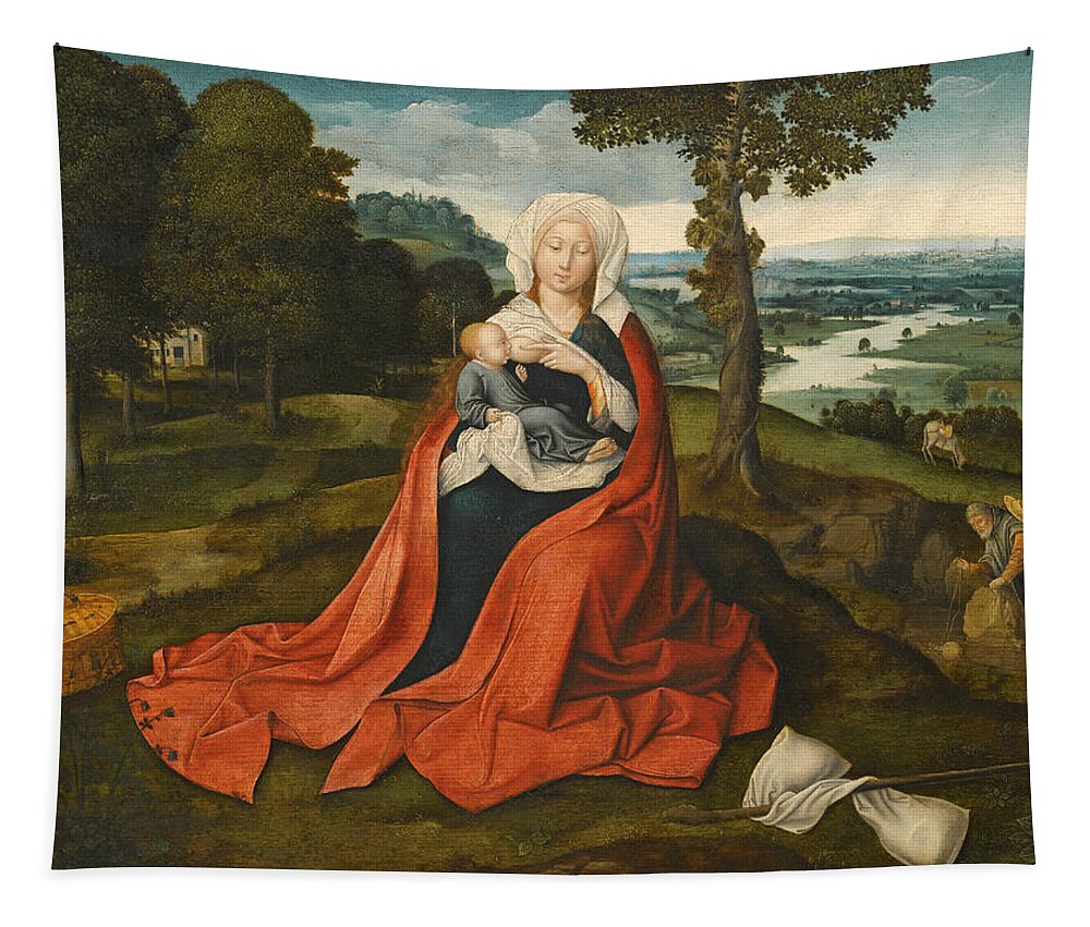 Workshop Of Joachim Patinir Tapestry featuring the painting Virgin and Child seated before an extensive Landscape by Workshop of Joachim Patinir