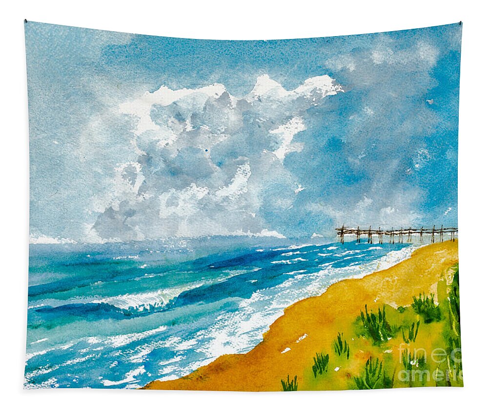 Nature Tapestry featuring the painting Virginia Beach with Pier by Walt Brodis
