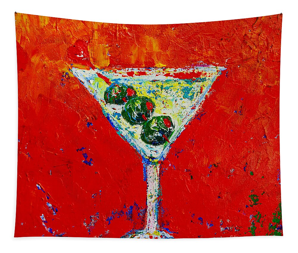 Food And Beverage Acrylic Painting Of A Vodka Martini Lovers With Three Green Olives Tapestry featuring the painting Vodka Martini Shaken not stirred - Martini Lovers - Modern Art by Patricia Awapara