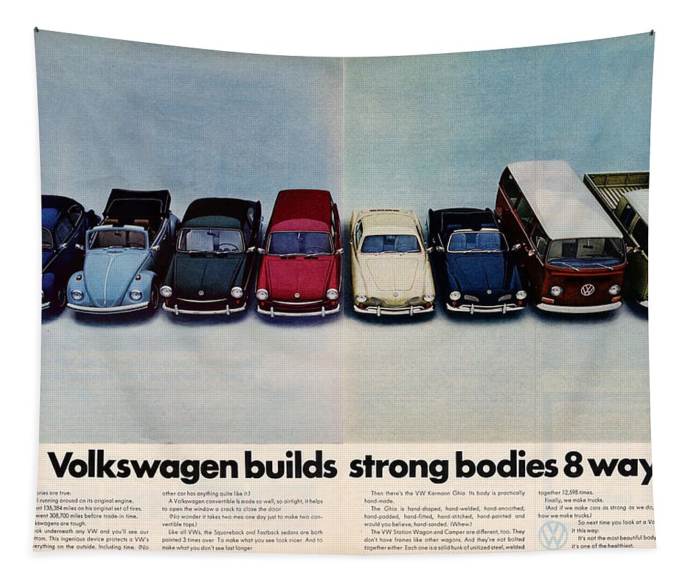 Volkswagen Builds Strong Bodies In 8 Ways Tapestry featuring the digital art Volkswagen Builds Strong Bodies Eight Ways by Georgia Clare