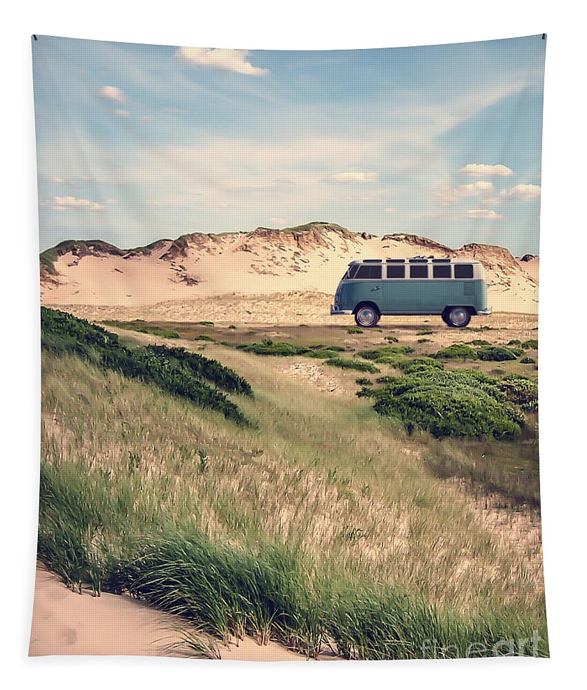 Dunes Tapestry featuring the photograph VW Surfer Bus out in the sand dunes by Edward Fielding