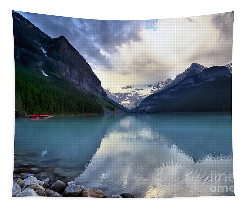 Lake Louise Tapestry featuring the photograph Waiting for Sunrise at Lake Louise by Teresa Zieba