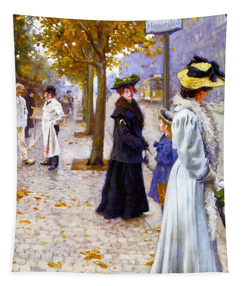 Waiting On The Tram Tapestry featuring the photograph Waiting On The Tram by Paul Gustav Fischer