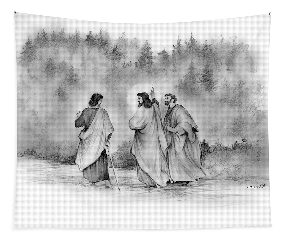 Walk To Emmaus Tapestry featuring the drawing Walk to Emmaus by Greg Joens
