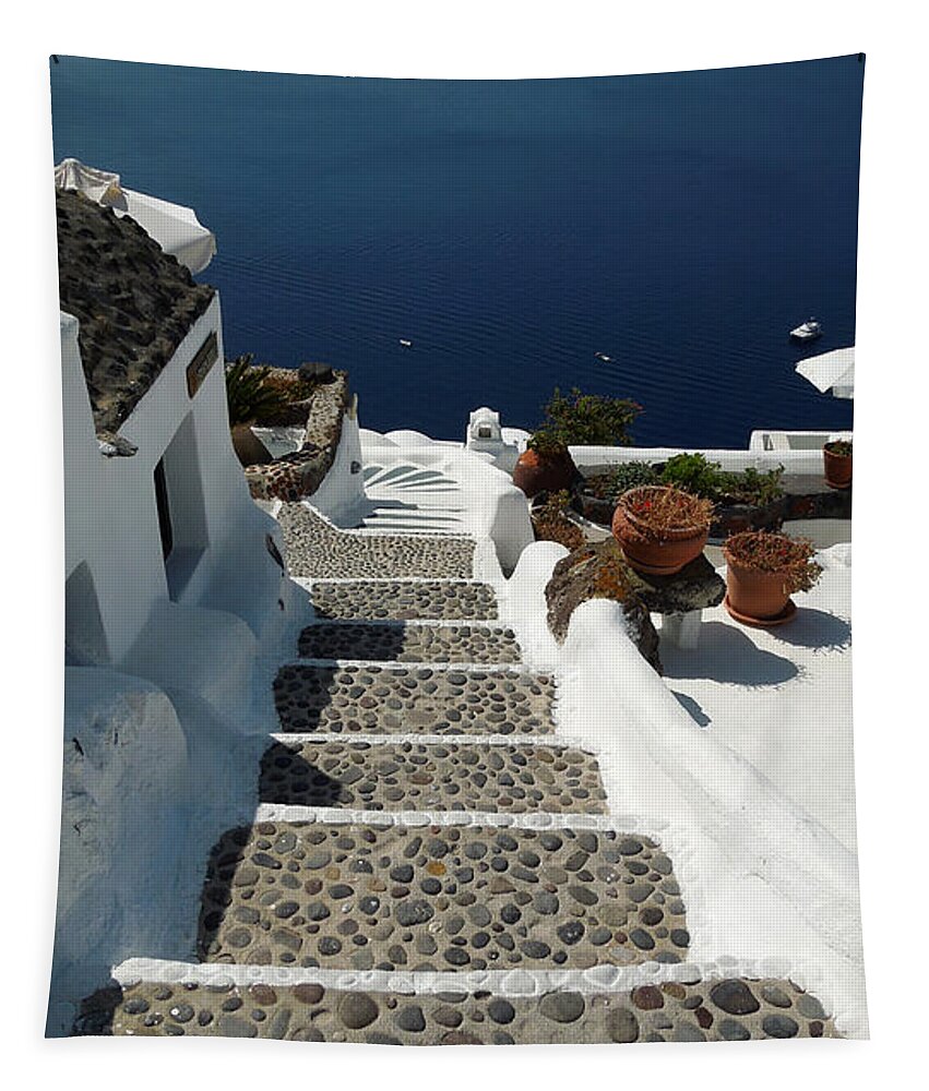 Waking Tapestry featuring the photograph Walking Down for Swim on Santorini Island by Colette V Hera Guggenheim