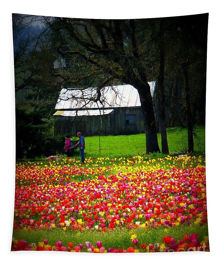 Scenic Landscape Tapestry featuring the photograph Walking Through Tulips by Susan Garren
