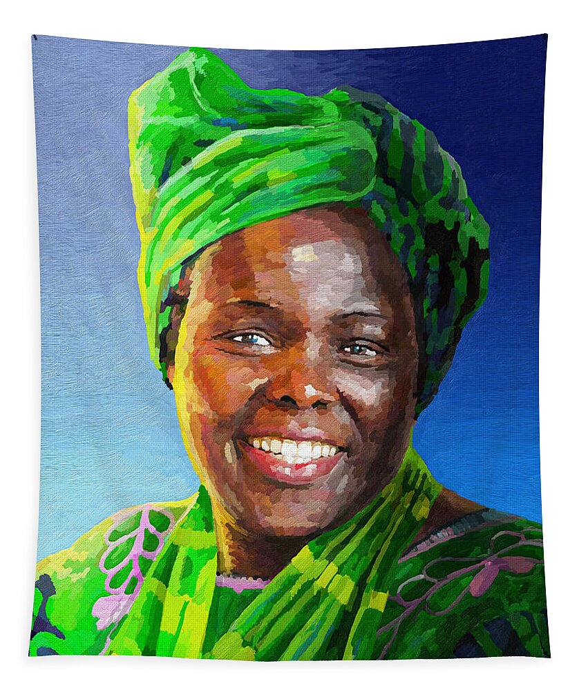 Trees Tapestry featuring the painting Wangari Maathai by Anthony Mwangi