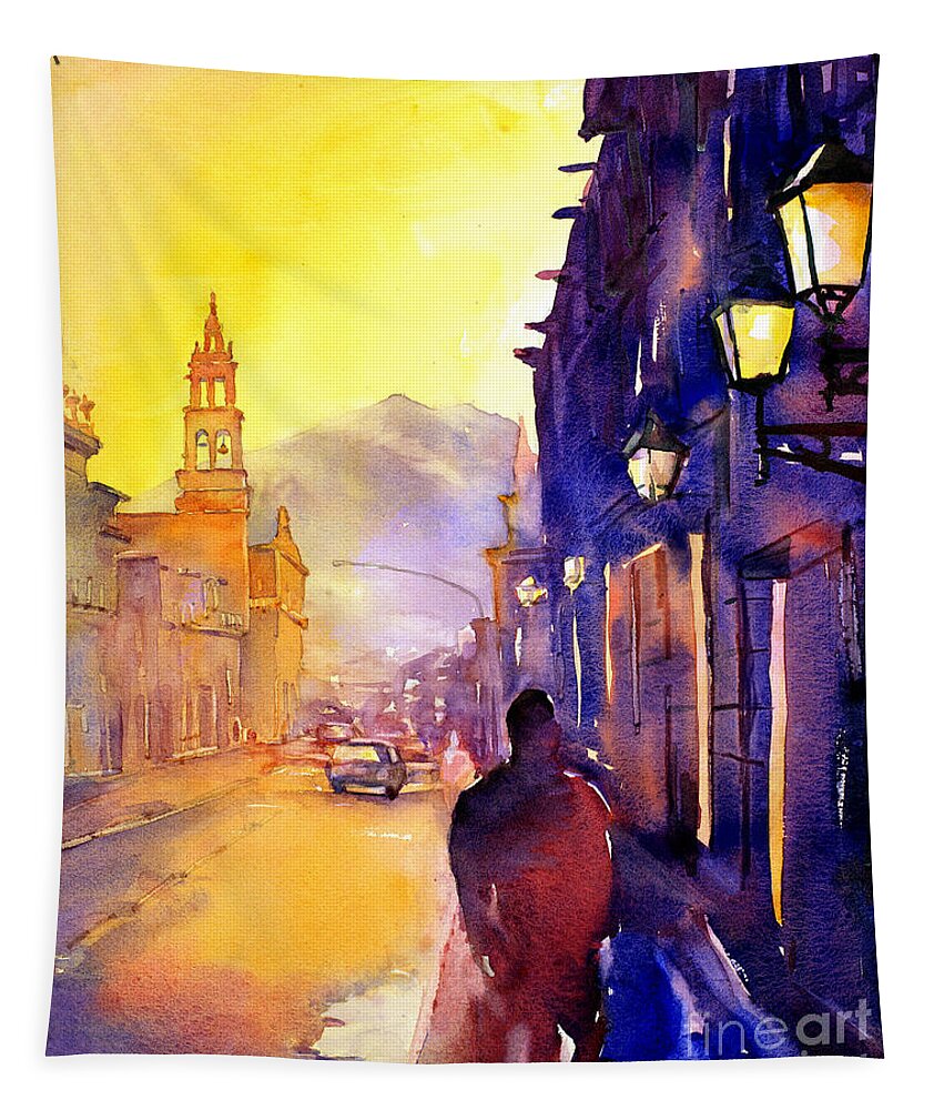 American Watercolor Society Tapestry featuring the painting Watercolor painting of street and church Morelia Mexico by Ryan Fox