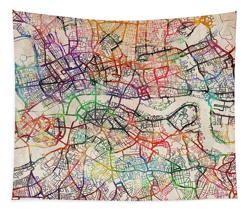 London Tapestry featuring the digital art Watercolour Map of London by Michael Tompsett