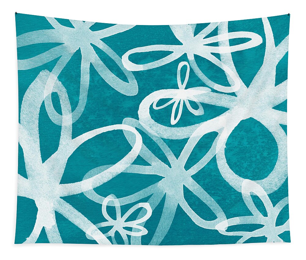 Large Abstract Floral Painting Tapestry featuring the painting Waterflowers- teal and white by Linda Woods