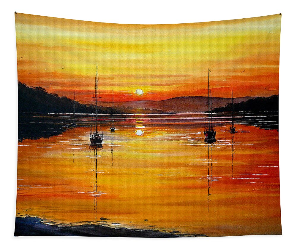 Yachts Tapestry featuring the painting Watery Sunset at Bala lake by Andrew Read
