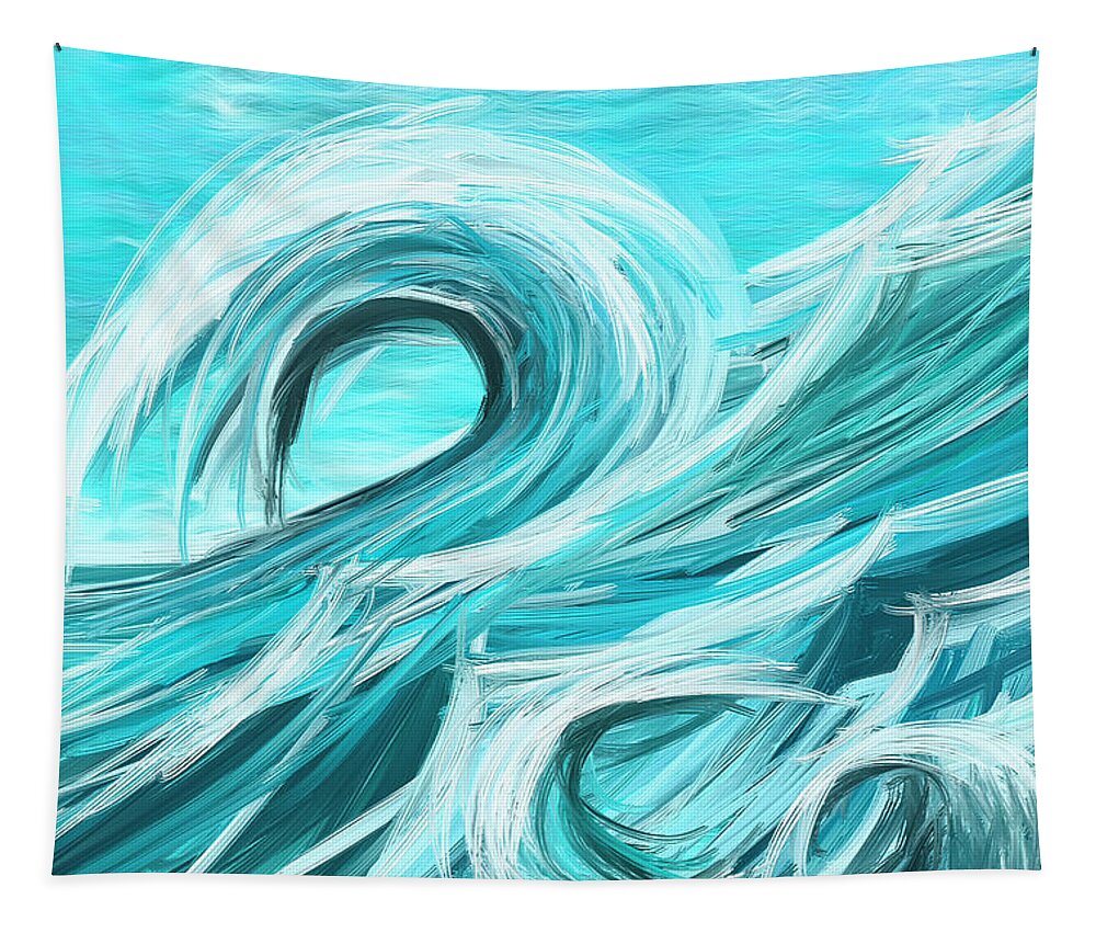 Turquoise Tapestry featuring the painting Waves Collision - Abstract Wave Paintings by Lourry Legarde