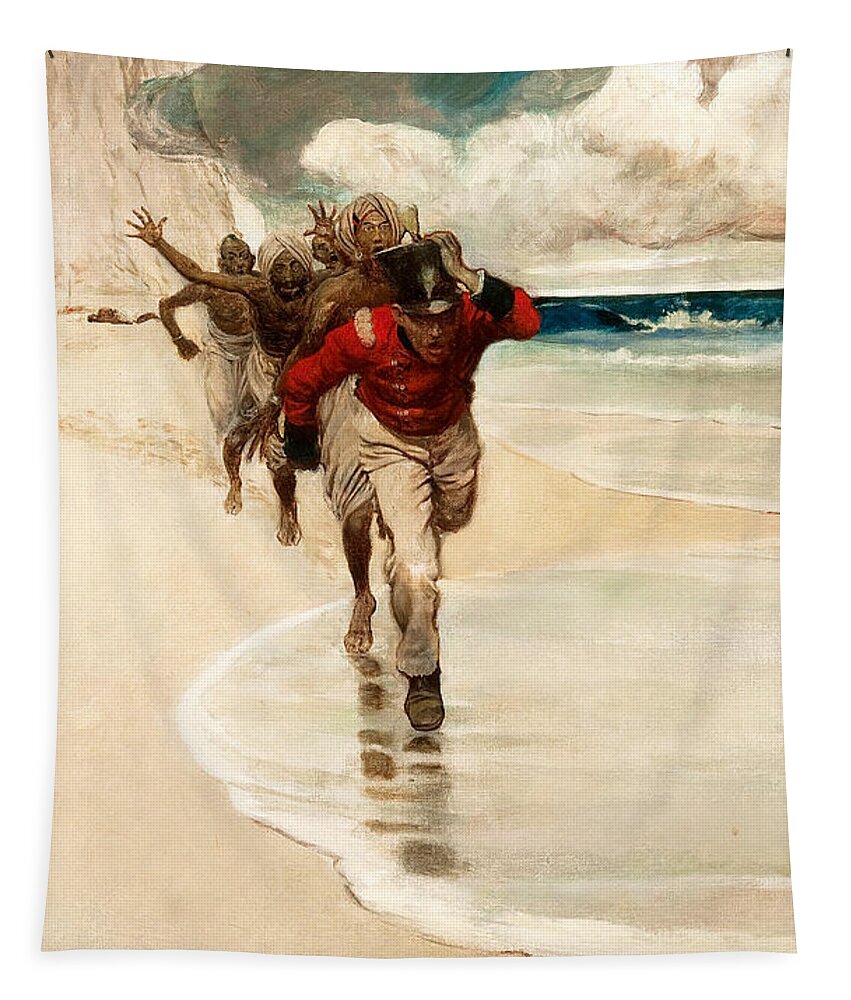 Howard Pyle Tapestry featuring the painting We Started to Run back to the Raft for Our Live by Howard Pyle