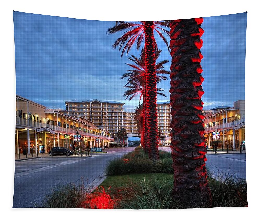 Palm Tapestry featuring the digital art Wharf red lighted trees by Michael Thomas