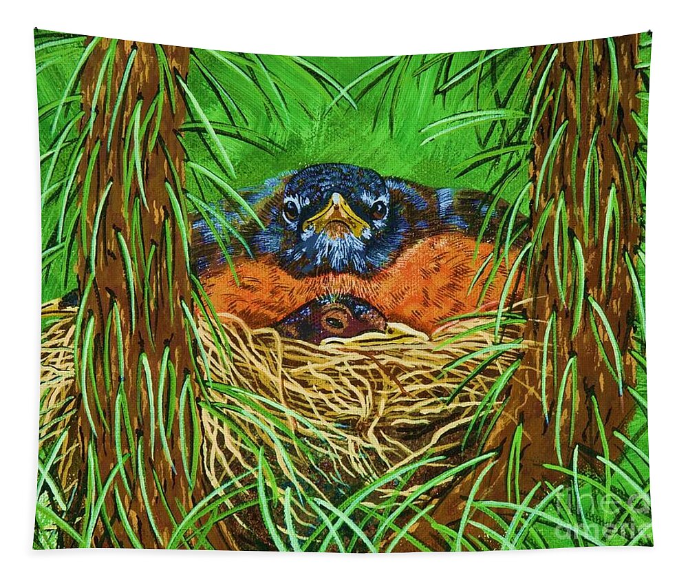 Robin Tapestry featuring the painting When Do They Leave by Jennifer Lake